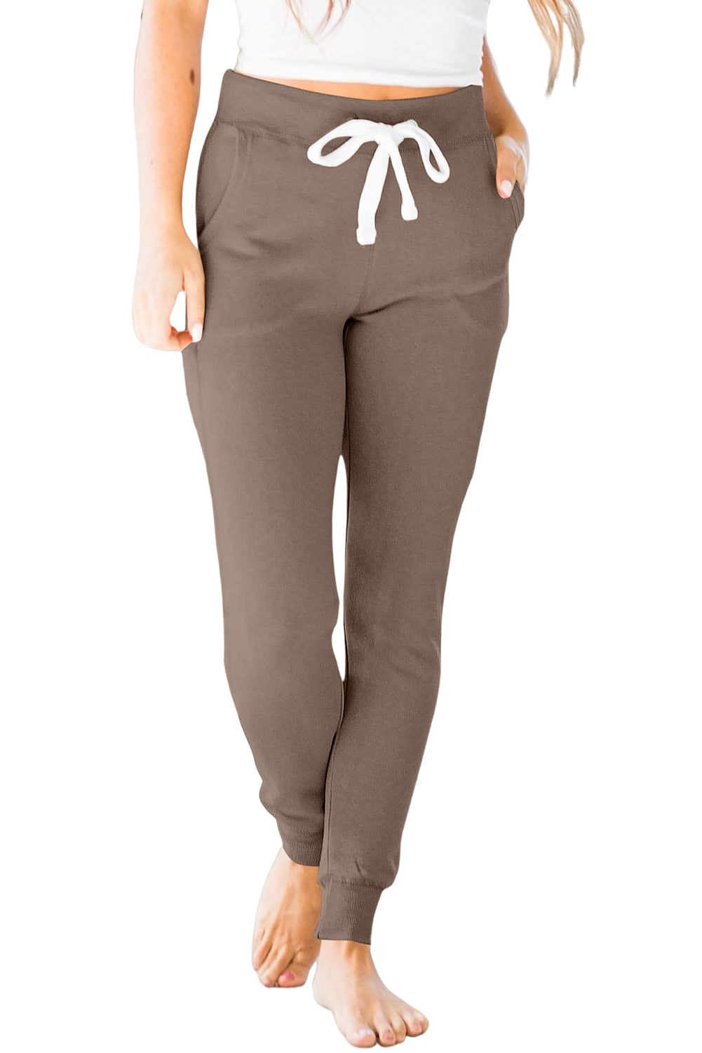 Dark Brown Drawstring Elastic Waistband Pocketed Joggers view 19