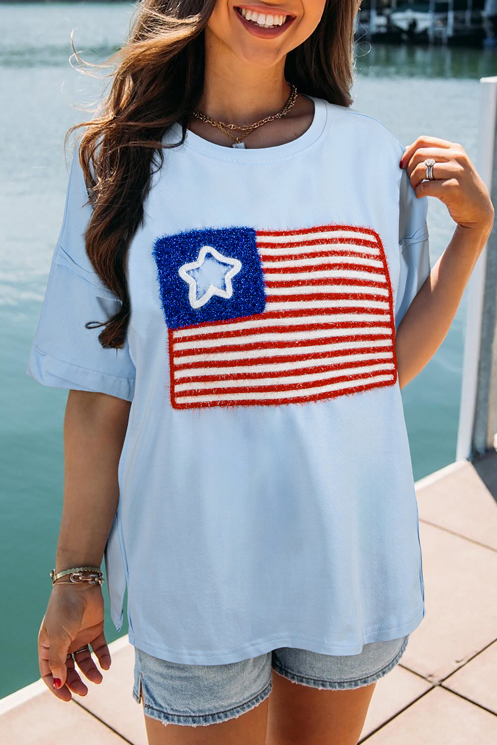 $ 15.15 - Beau Blue Tinsel American Flag Graphic Drop Shoulder T-shirt ...