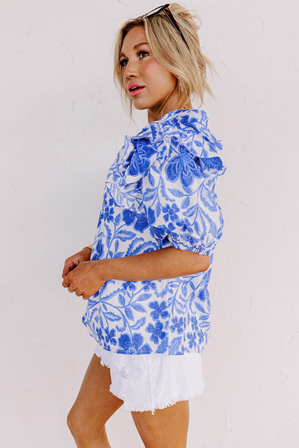$ 10.82 - Dark Blue Floral Print Ruffled Bubble Sleeve Blouse - ds.dear ...