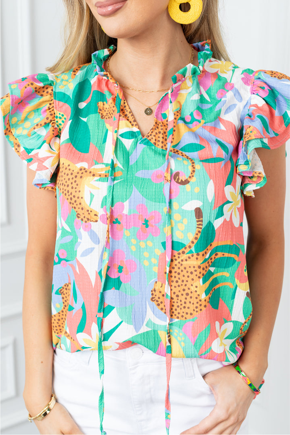 Threaded Pear Maya Floral Striped Split Neck Blouse