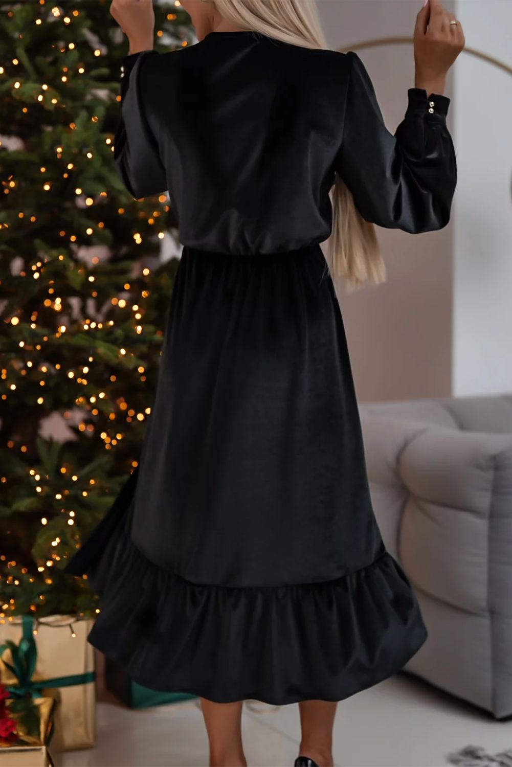 Black Velvet Buttoned Puff Sleeve V Neck Split Midi Dress view 16