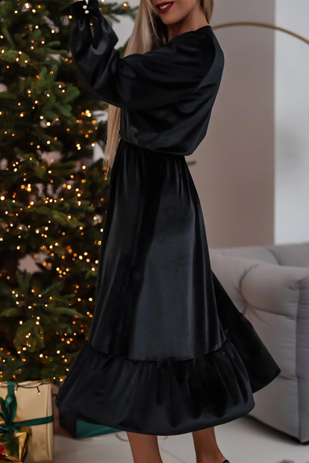 Black Velvet Buttoned Puff Sleeve V Neck Split Midi Dress view 17