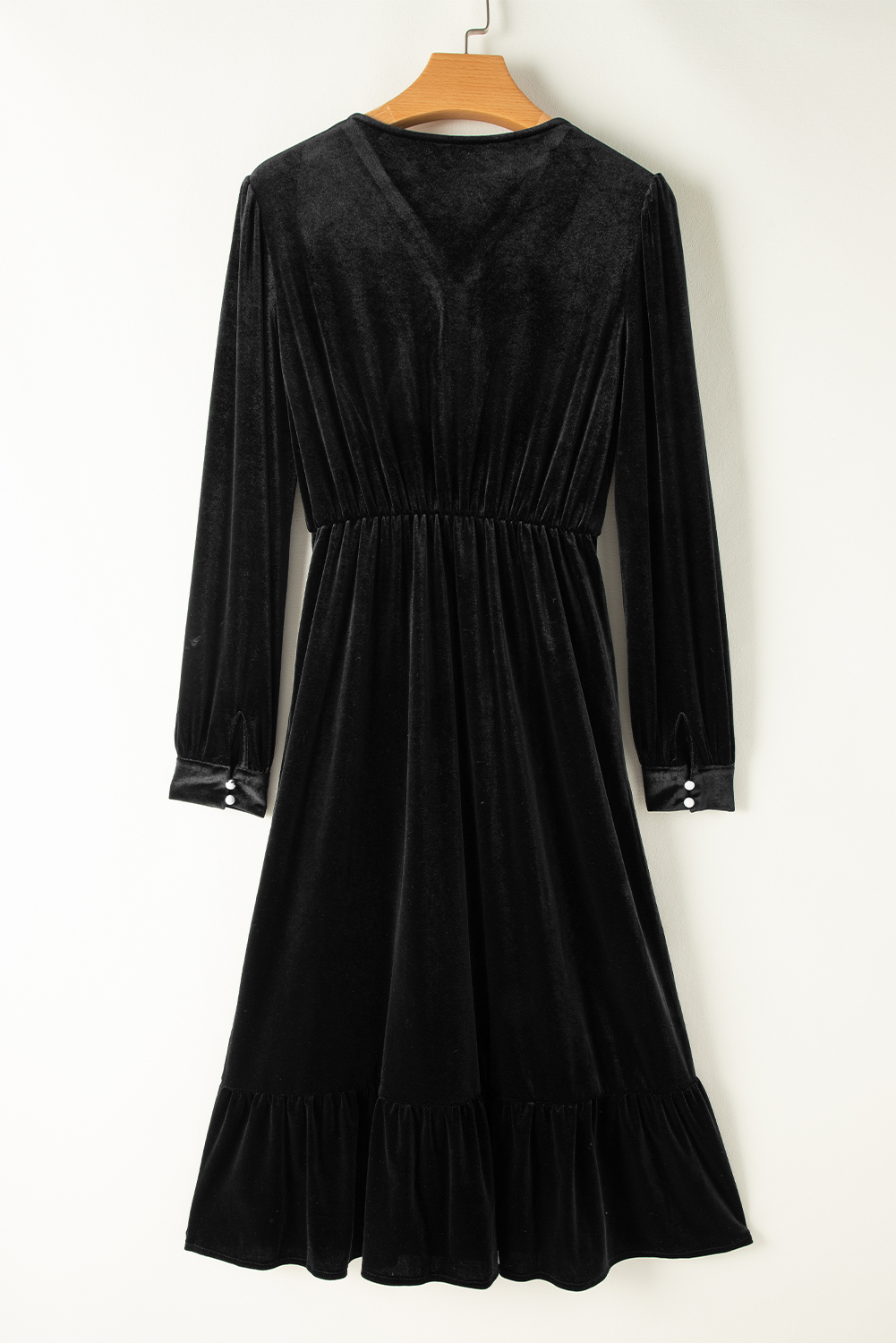 Black Velvet Buttoned Puff Sleeve V Neck Split Midi Dress view 24