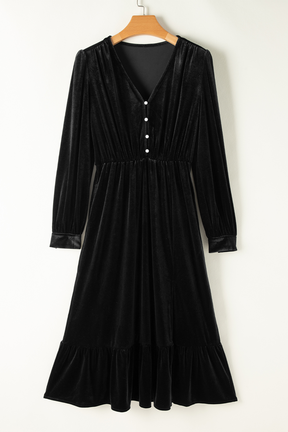 Black Velvet Buttoned Puff Sleeve V Neck Split Midi Dress view 23