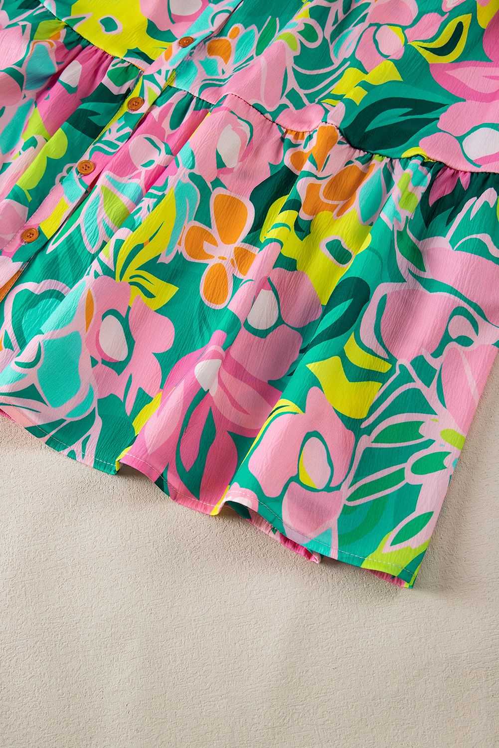 Green Floral Puff Sleeve Collar Buttoned Babydoll Dress