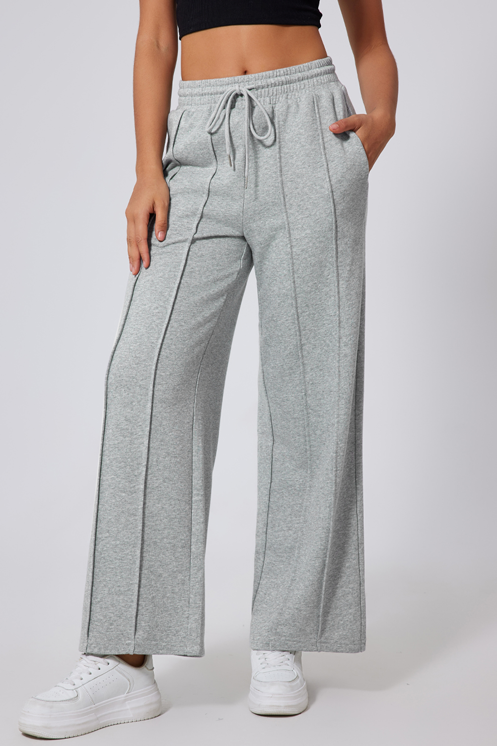 Gray Seamed Drawstring High Waist Wide Leg Sweatpants view 5