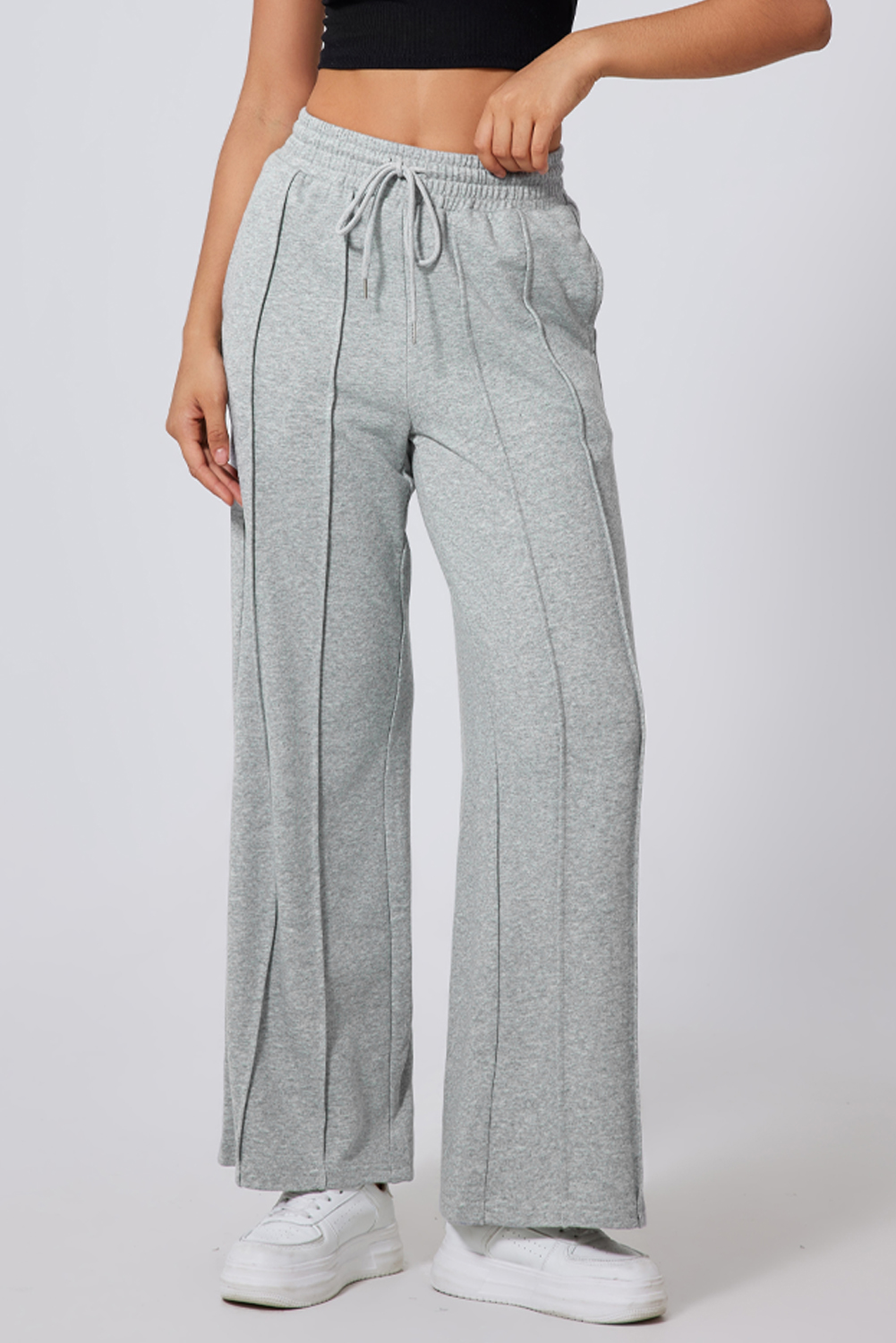 Gray Seamed Drawstring High Waist Wide Leg Sweatpants view 4