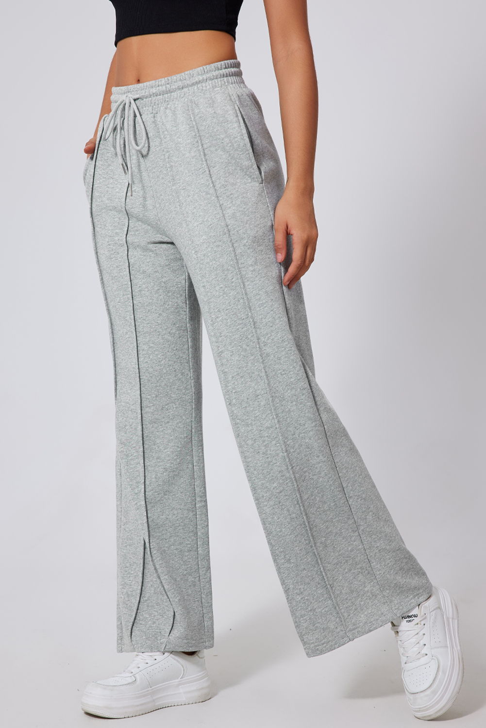 Gray Seamed Drawstring High Waist Wide Leg Sweatpants view 6