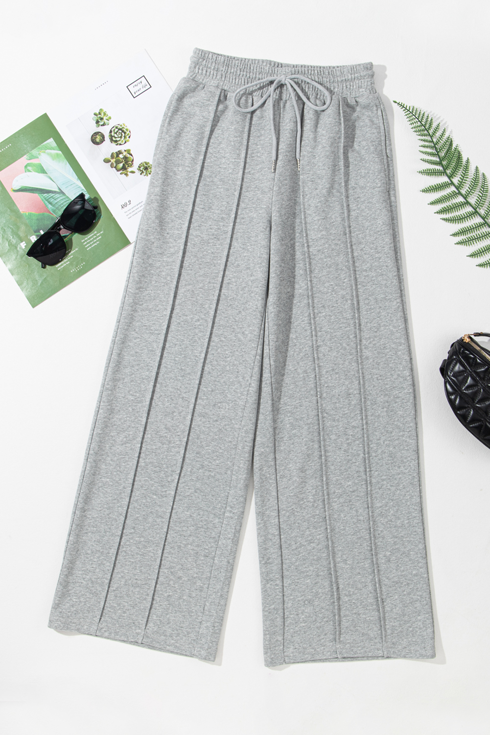 Gray Seamed Drawstring High Waist Wide Leg Sweatpants view 11