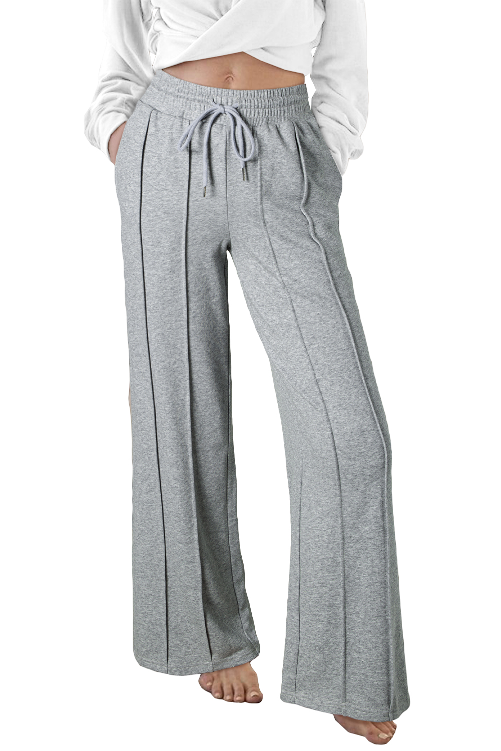 Gray Seamed Drawstring High Waist Wide Leg Sweatpants view 10