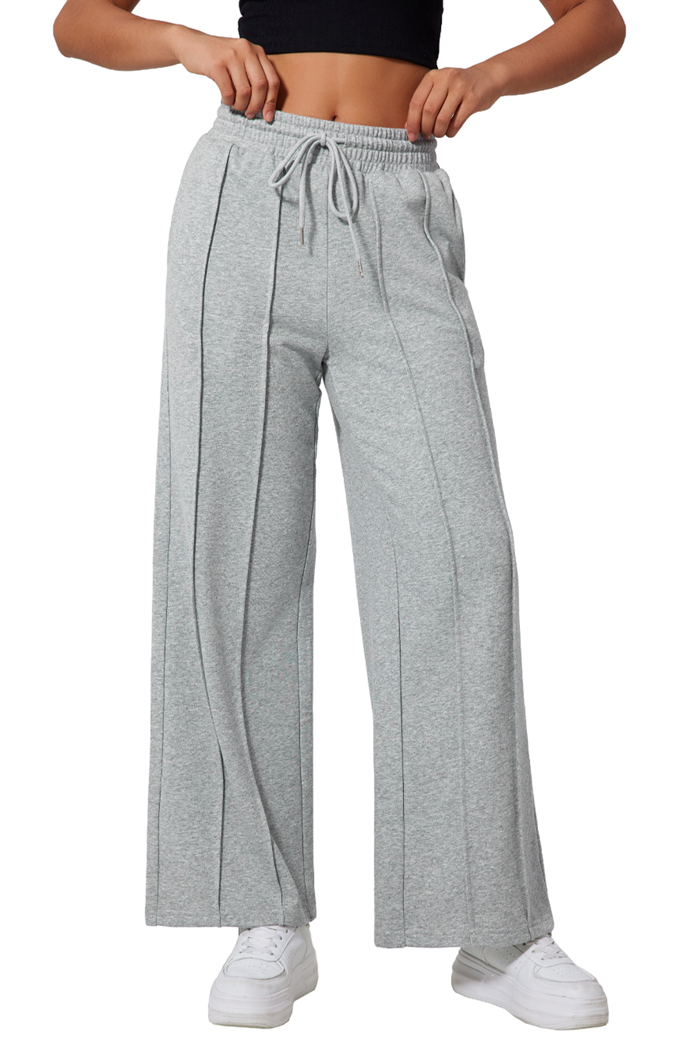 Gray Seamed Drawstring High Waist Wide Leg Sweatpants view 19