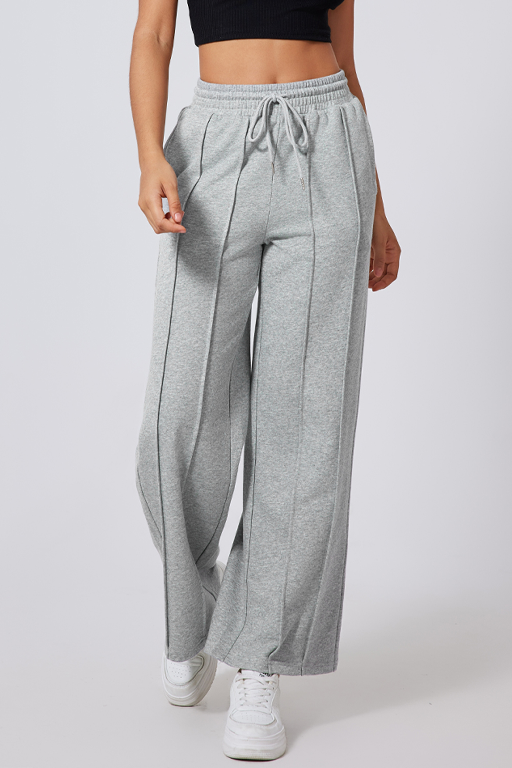 Gray Seamed Drawstring High Waist Wide Leg Sweatpants view 3