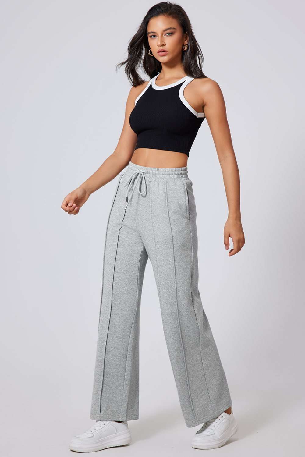 Gray Seamed Drawstring High Waist Wide Leg Sweatpants view 7