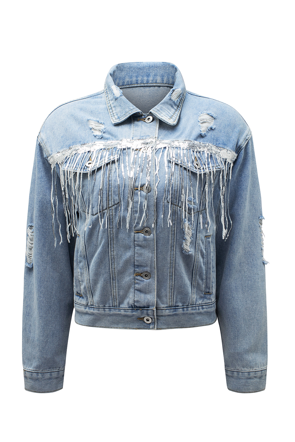 Sky Blue Sequin Embellished Fringe Distressed Denim Jacket view 25