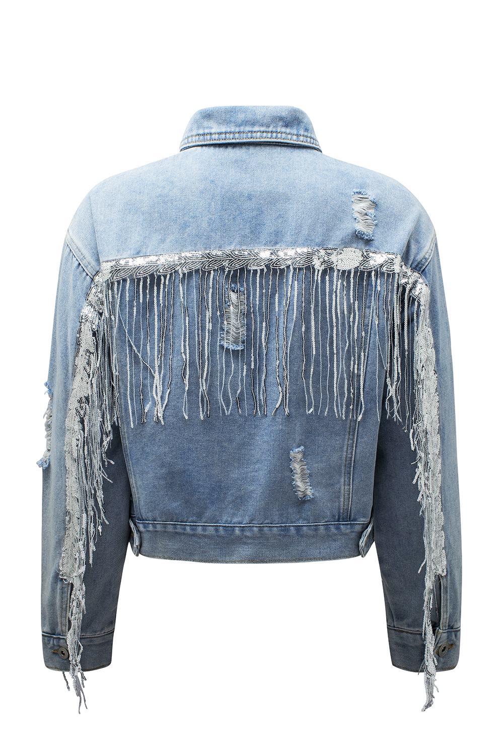 Sky Blue Sequin Embellished Fringe Distressed Denim Jacket view 27