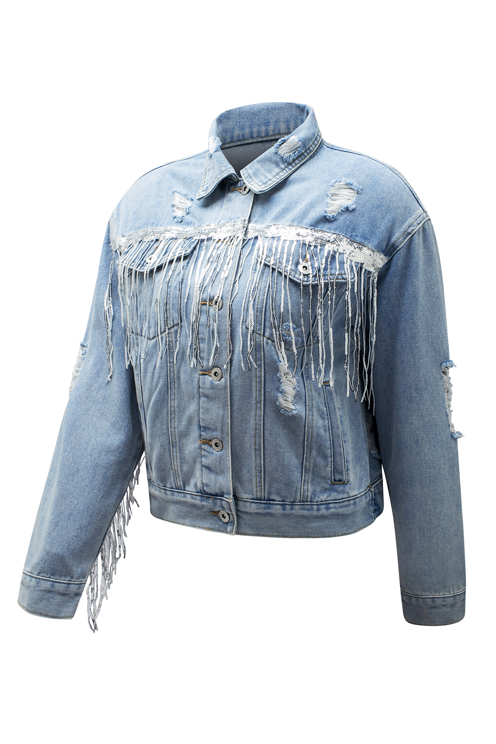 Sky Blue Sequin Embellished Fringe Distressed Denim Jacket view 26