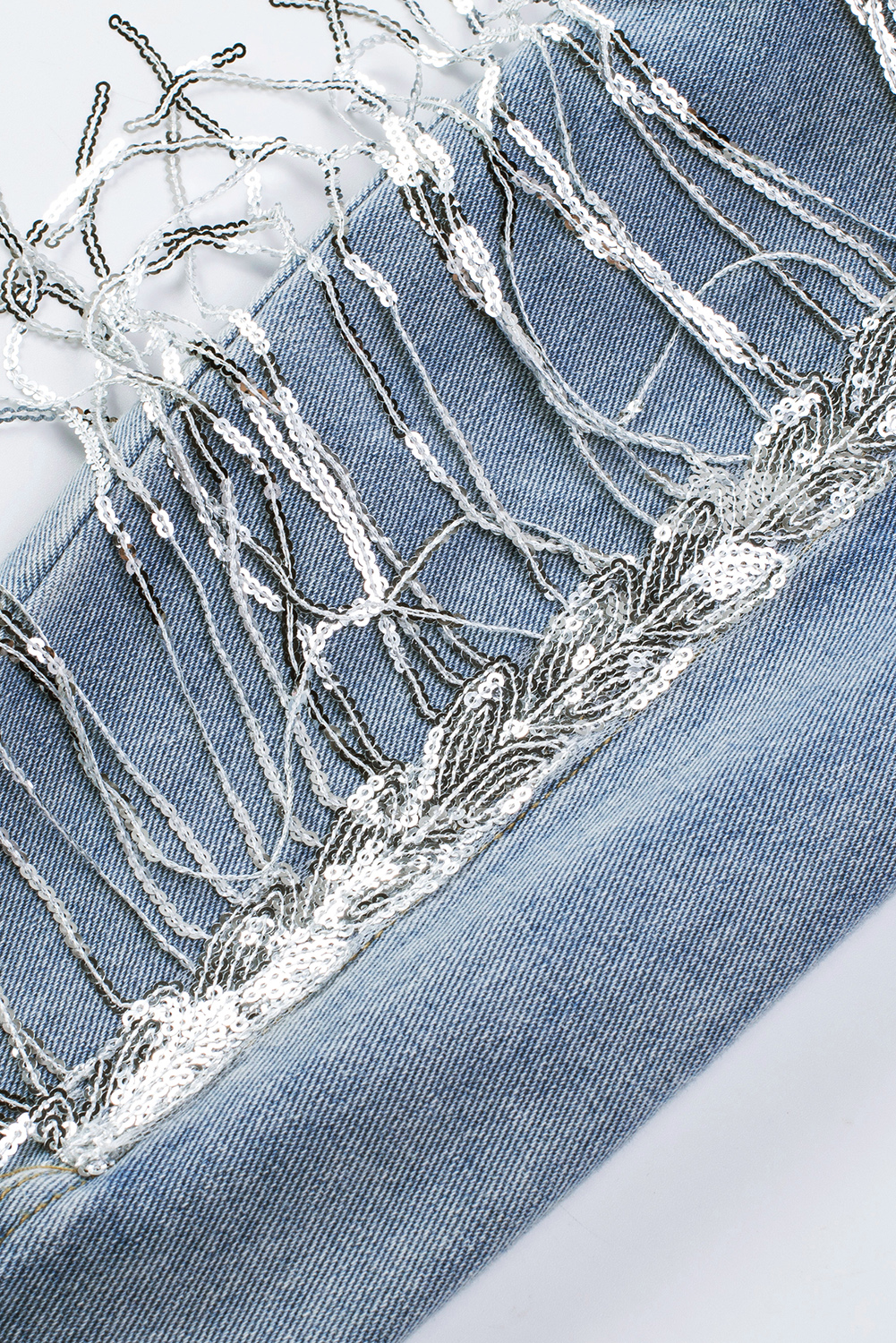 Sky Blue Sequin Embellished Fringe Distressed Denim Jacket view 30