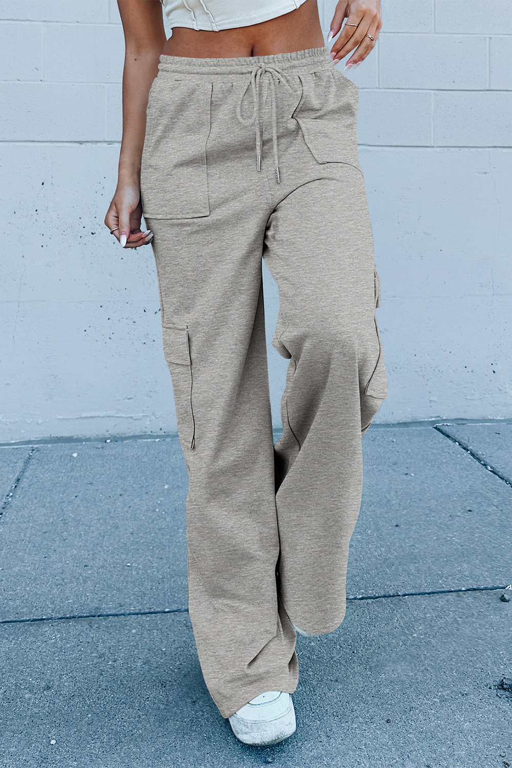 Light Grey Multi Pockets Lace-up High Waist Wide Leg Workout Pants view 9