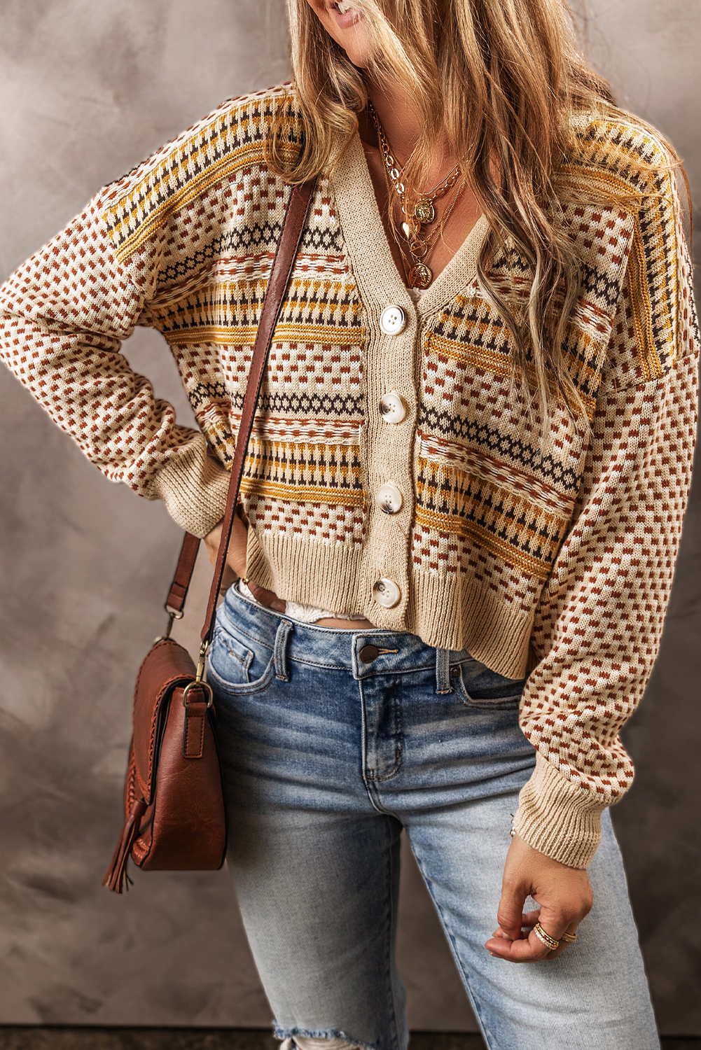 Khaki Buttoned V Neck Cropped Cardigan view 3