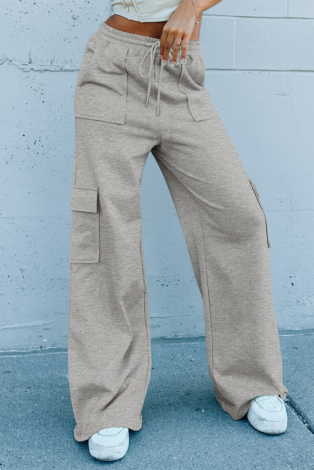 Light Grey Multi Pockets Lace-up High Waist Wide Leg Workout Pants view 8