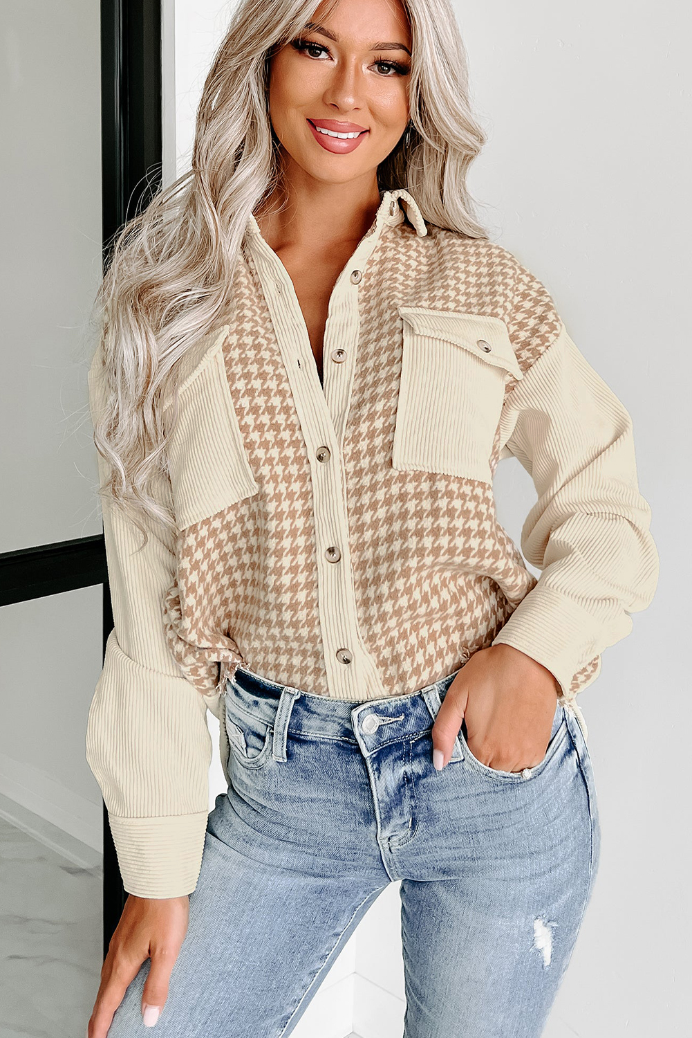 Parchment Houndstooth Corduroy Patchwork Flap Pocket Shacket view 13