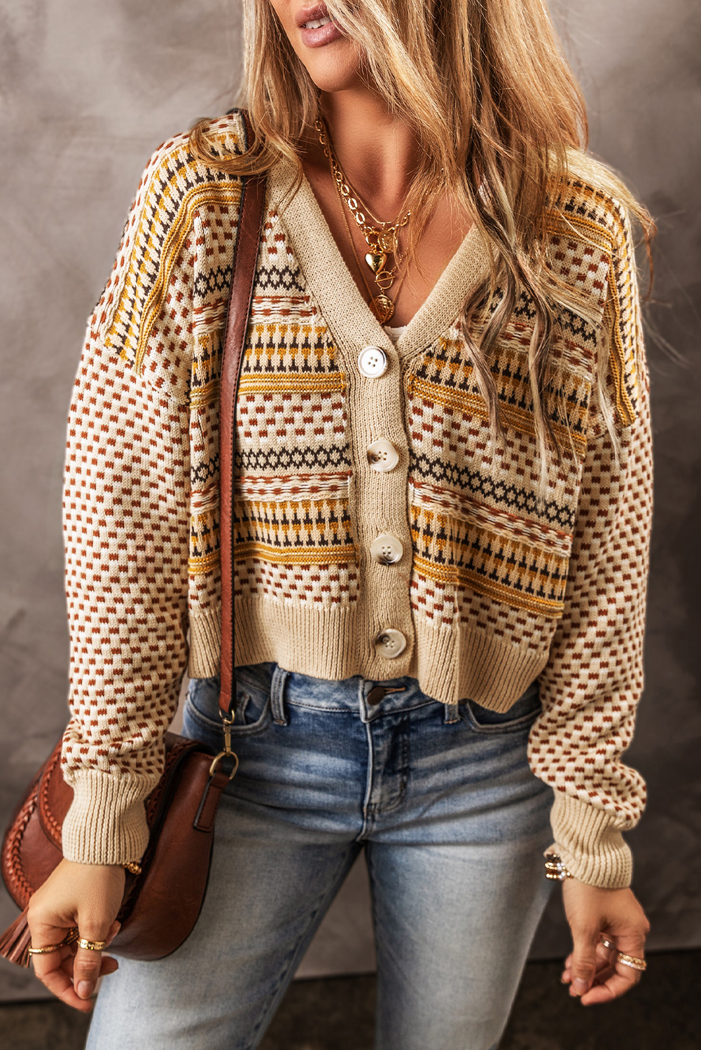 Khaki Buttoned V Neck Cropped Cardigan view 4