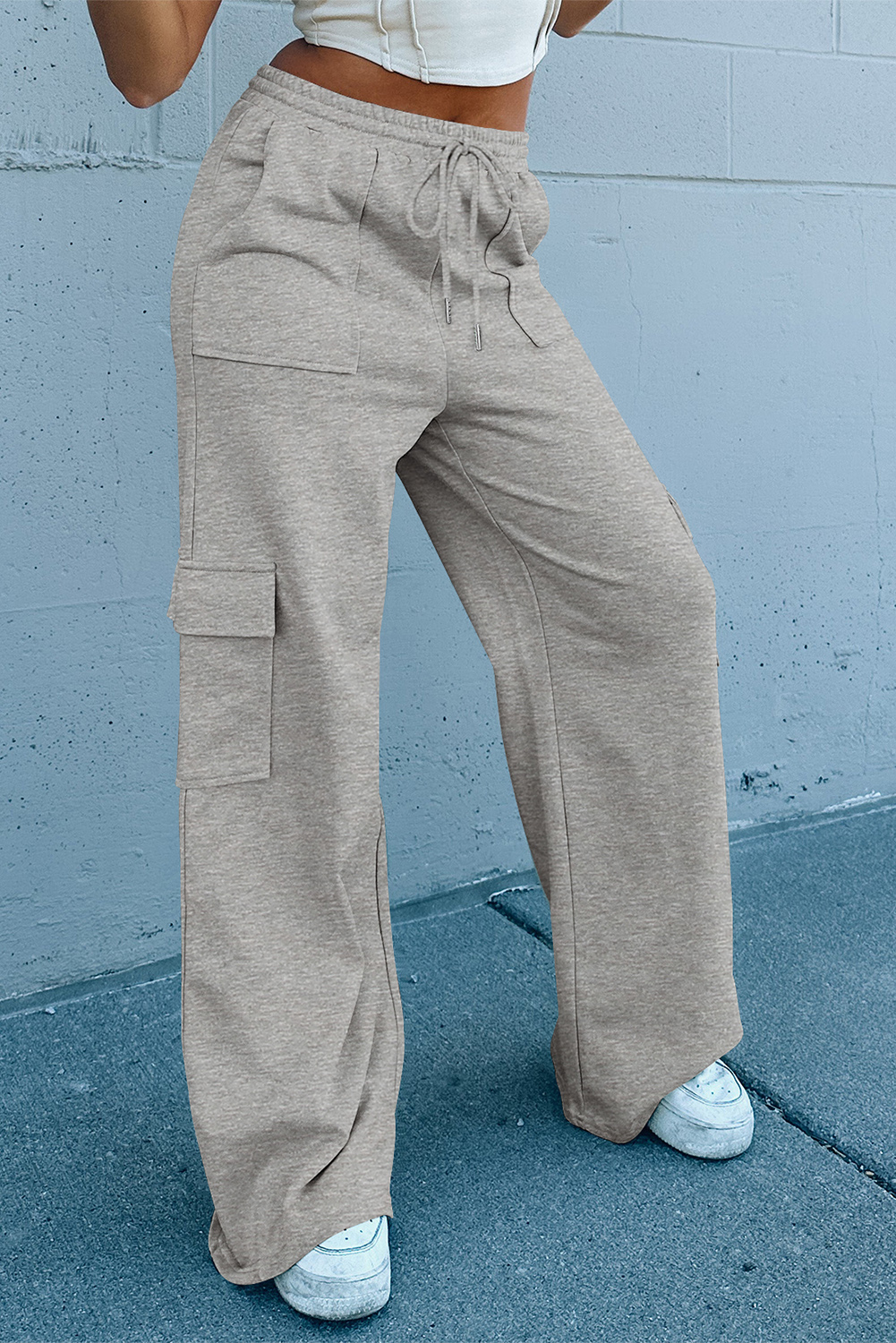 Light Grey Multi Pockets Lace-up High Waist Wide Leg Workout Pants view 10