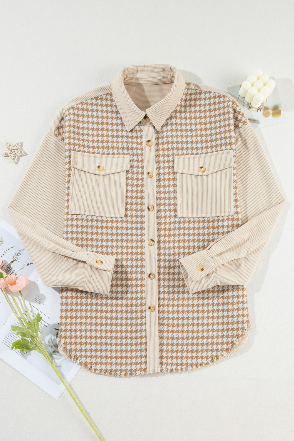 Parchment Houndstooth Corduroy Patchwork Flap Pocket Shacket view 15