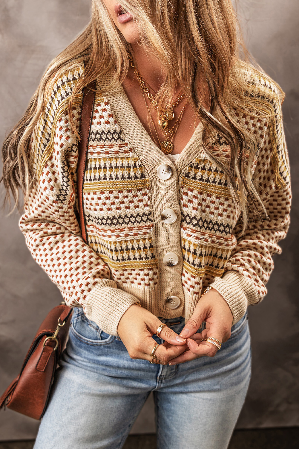 Khaki Buttoned V Neck Cropped Cardigan view 5