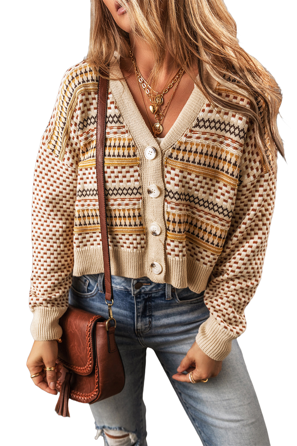 Khaki Buttoned V Neck Cropped Cardigan view 13