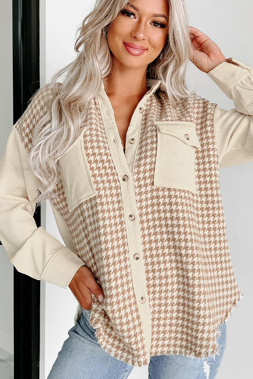 Parchment Houndstooth Corduroy Patchwork Flap Pocket Shacket view 14
