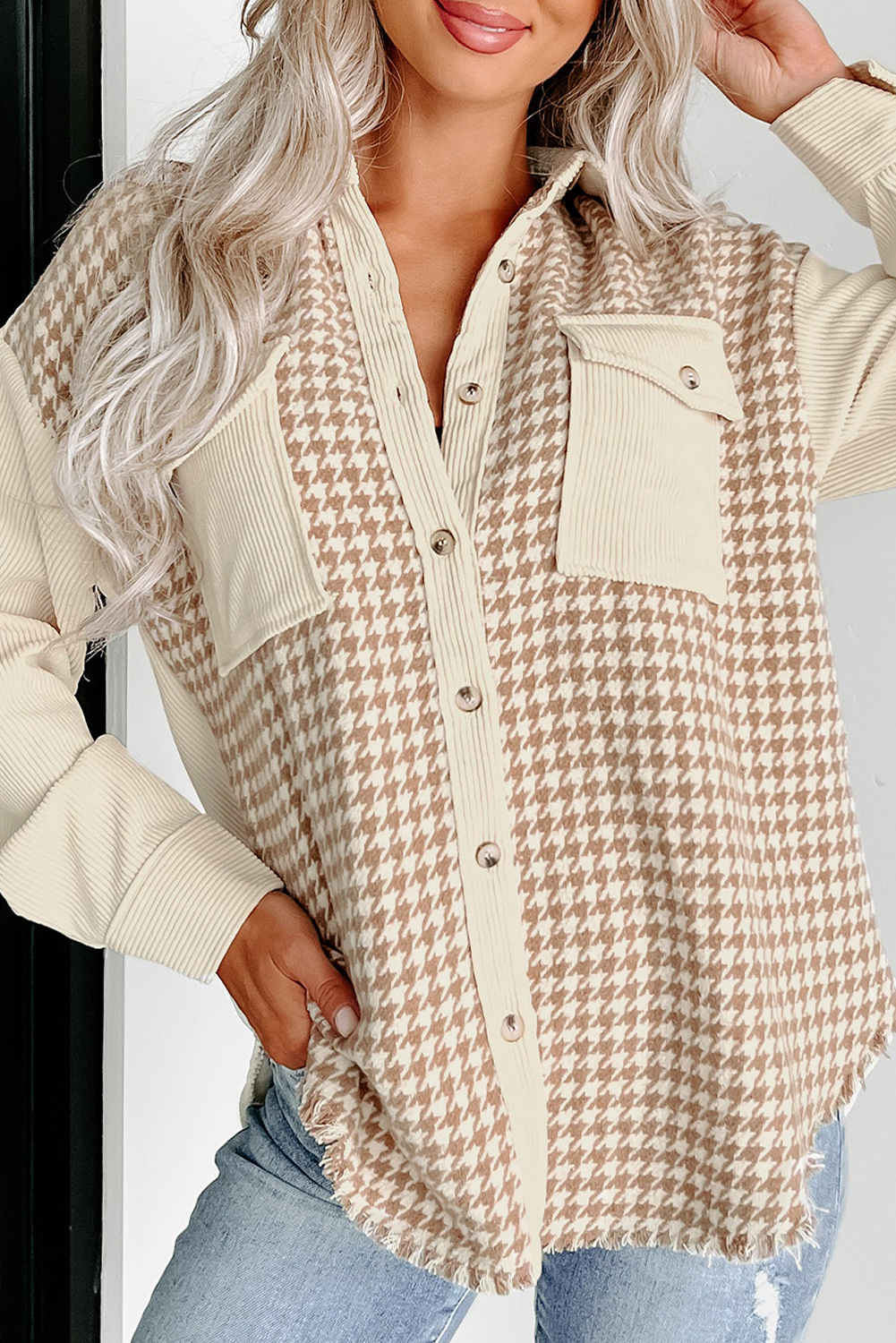 Parchment Houndstooth Corduroy Patchwork Flap Pocket Shacket view 8