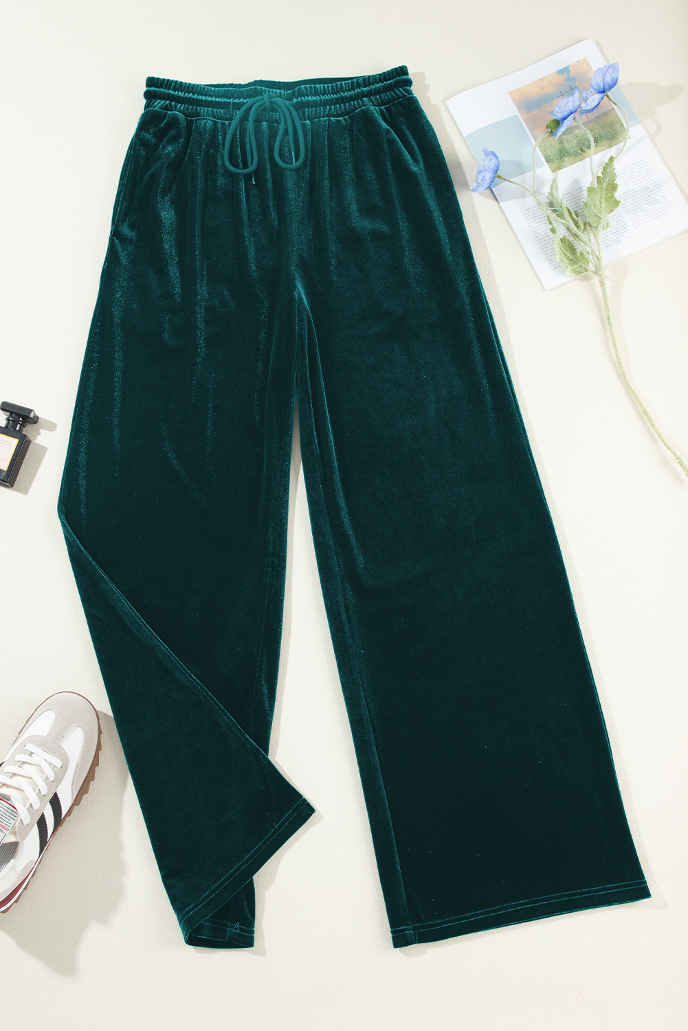Evergreen Solid Drawstring Waist Wide Leg Pants view 14