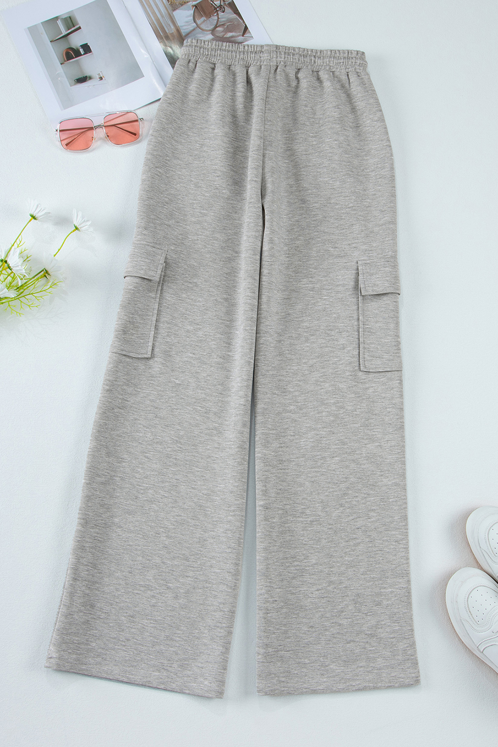 Light Grey Multi Pockets Lace-up High Waist Wide Leg Workout Pants view 12