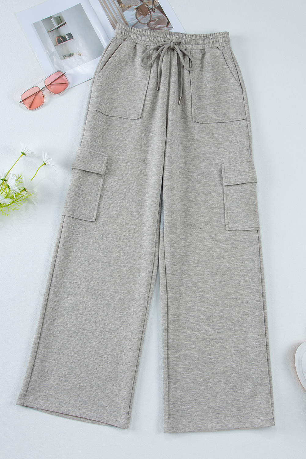 Light Grey Multi Pockets Lace-up High Waist Wide Leg Workout Pants view 11