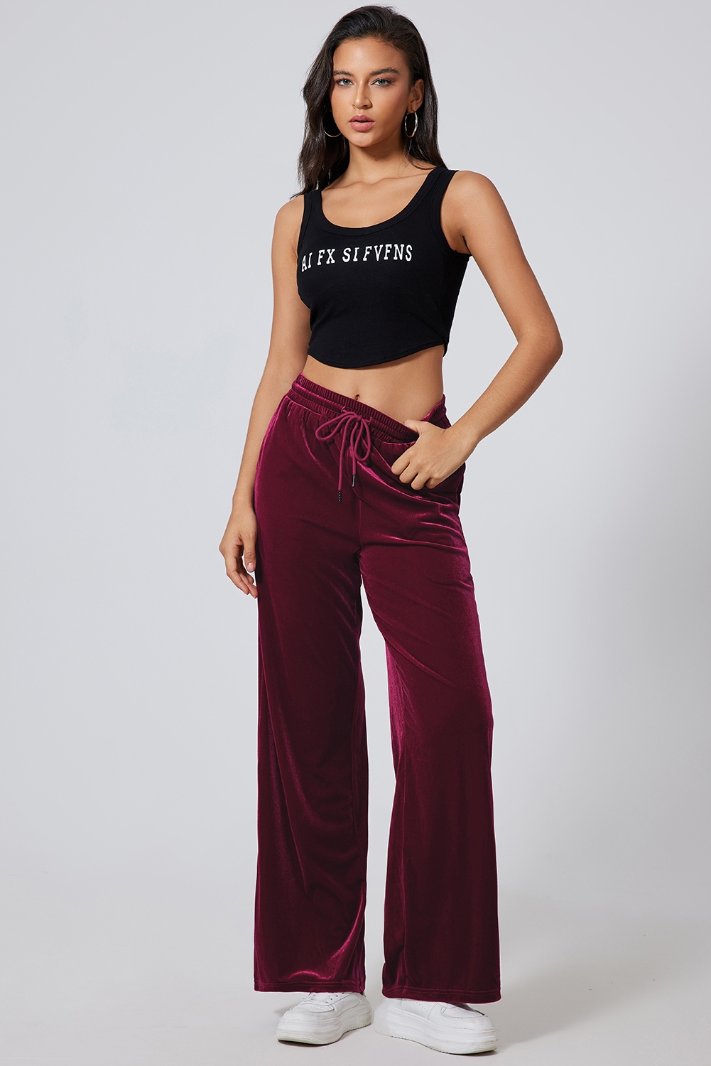 Burgundy Solid Drawstring Waist Wide Leg Pants view 7