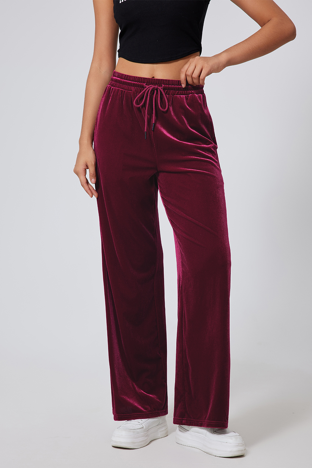 Burgundy Solid Drawstring Waist Wide Leg Pants view 5