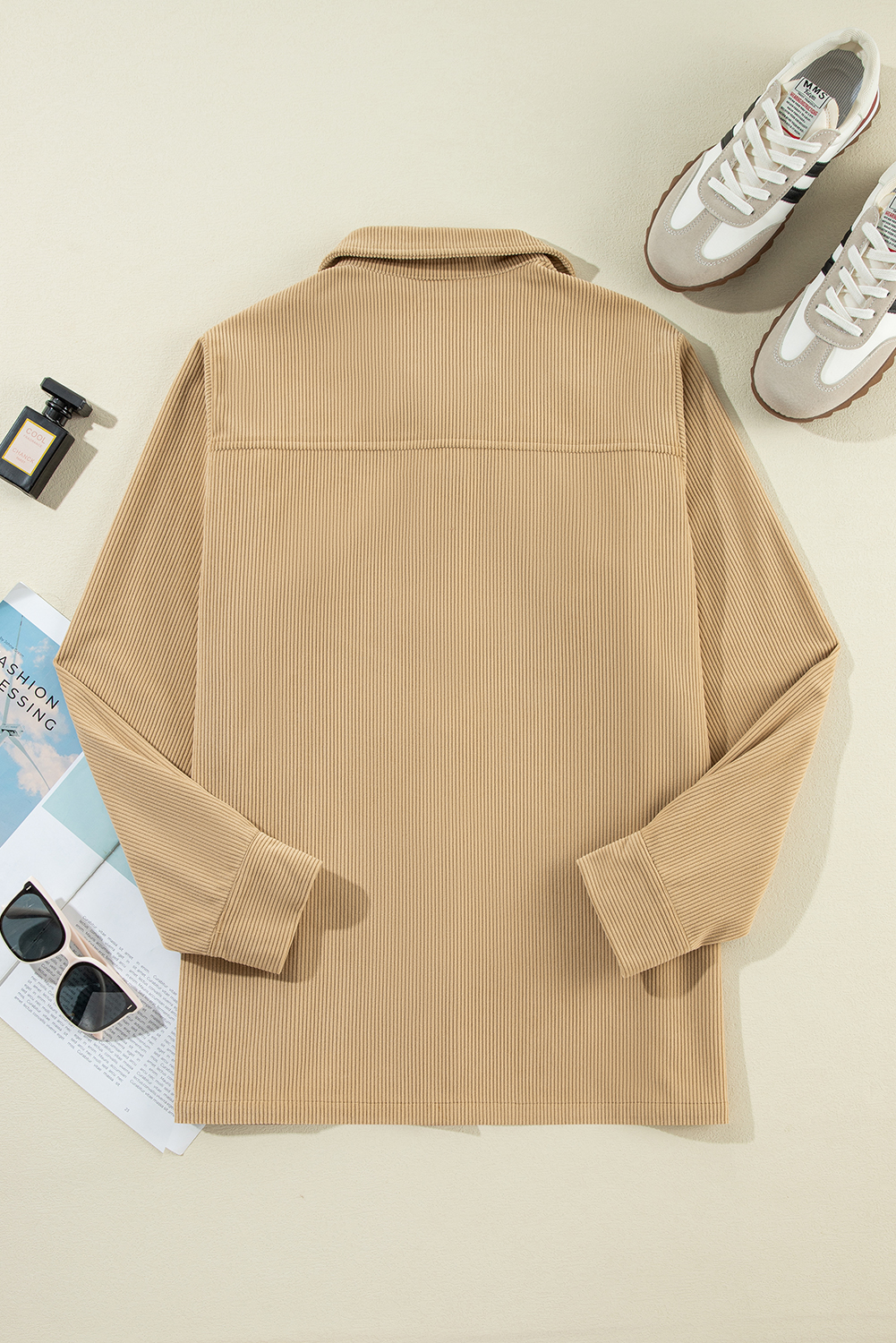 Light French Beige Solid Frilled Flap Pocket Button Up Corduroy Shacket view 13
