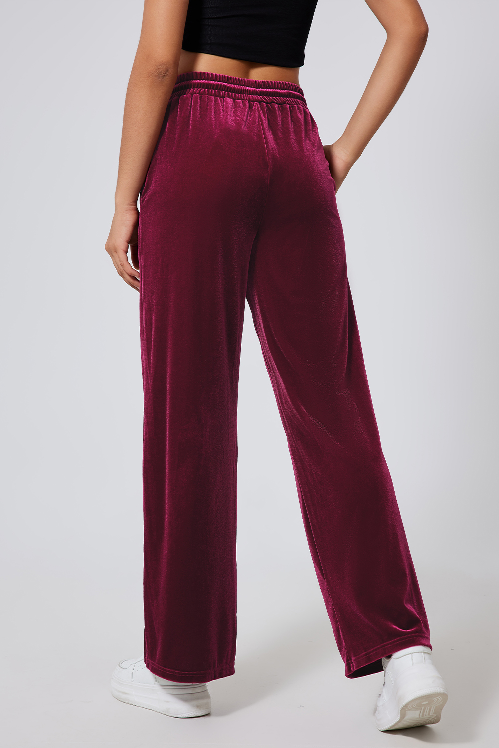 Burgundy Solid Drawstring Waist Wide Leg Pants view 2
