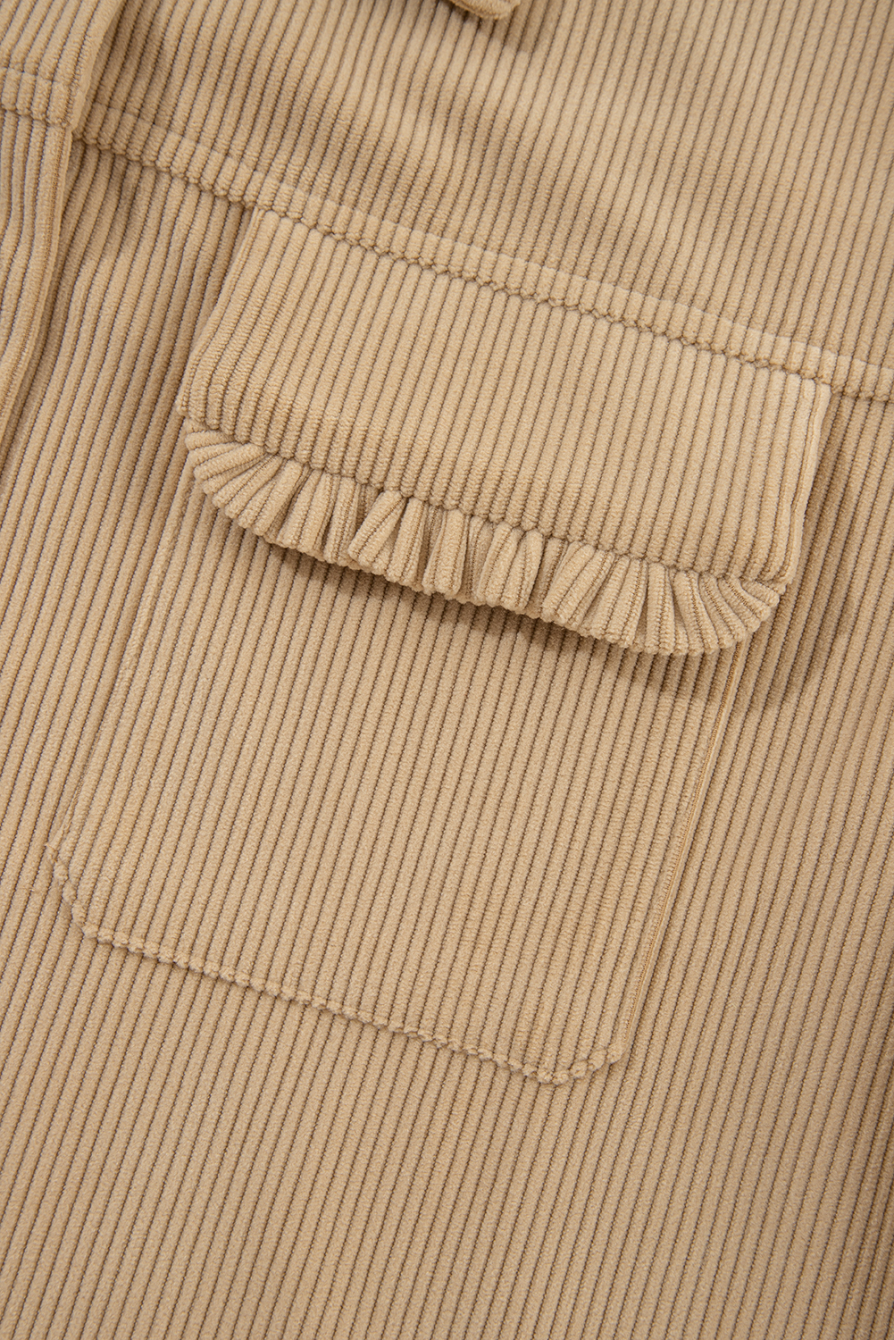 Light French Beige Solid Frilled Flap Pocket Button Up Corduroy Shacket view 16