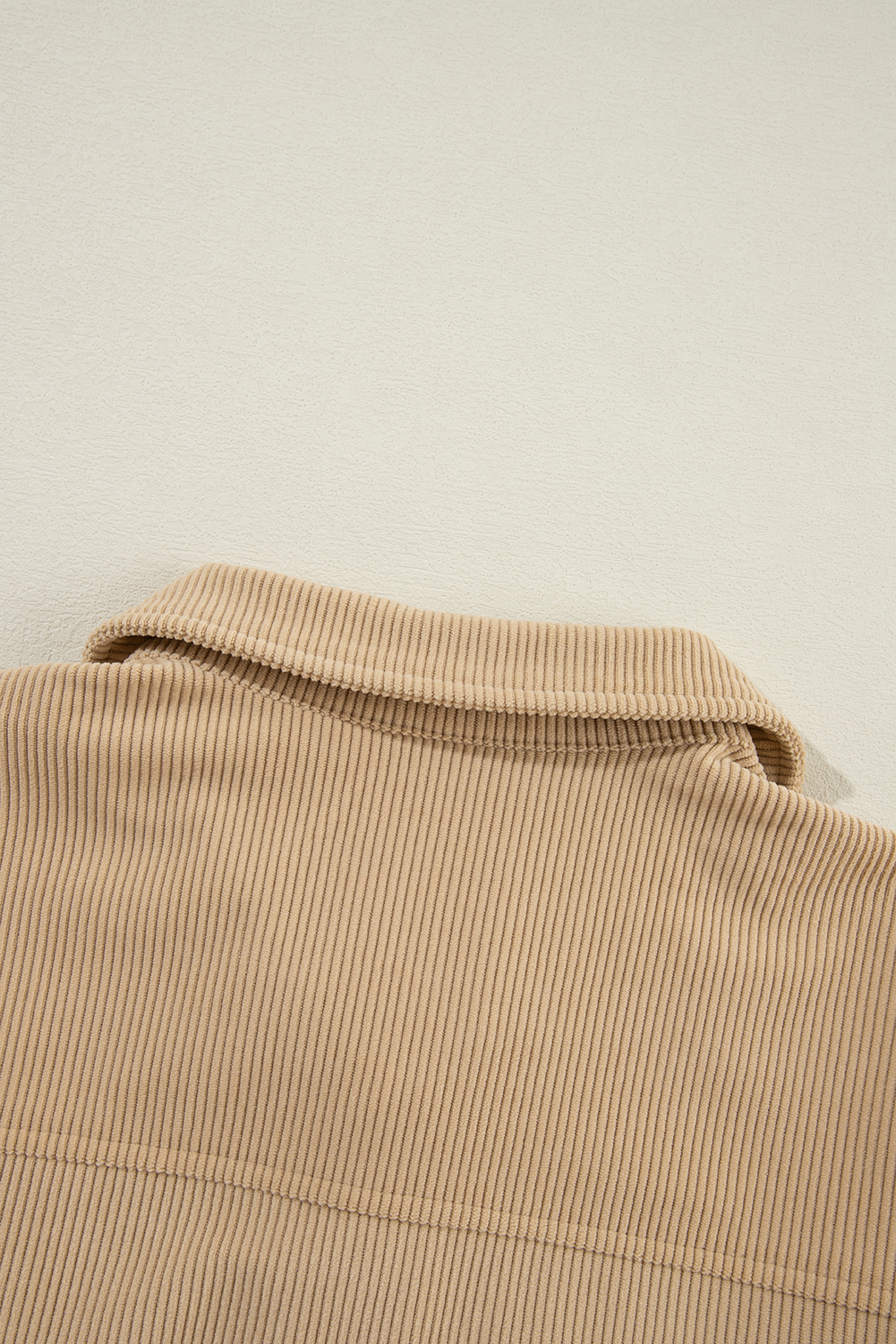 Light French Beige Solid Frilled Flap Pocket Button Up Corduroy Shacket view 14