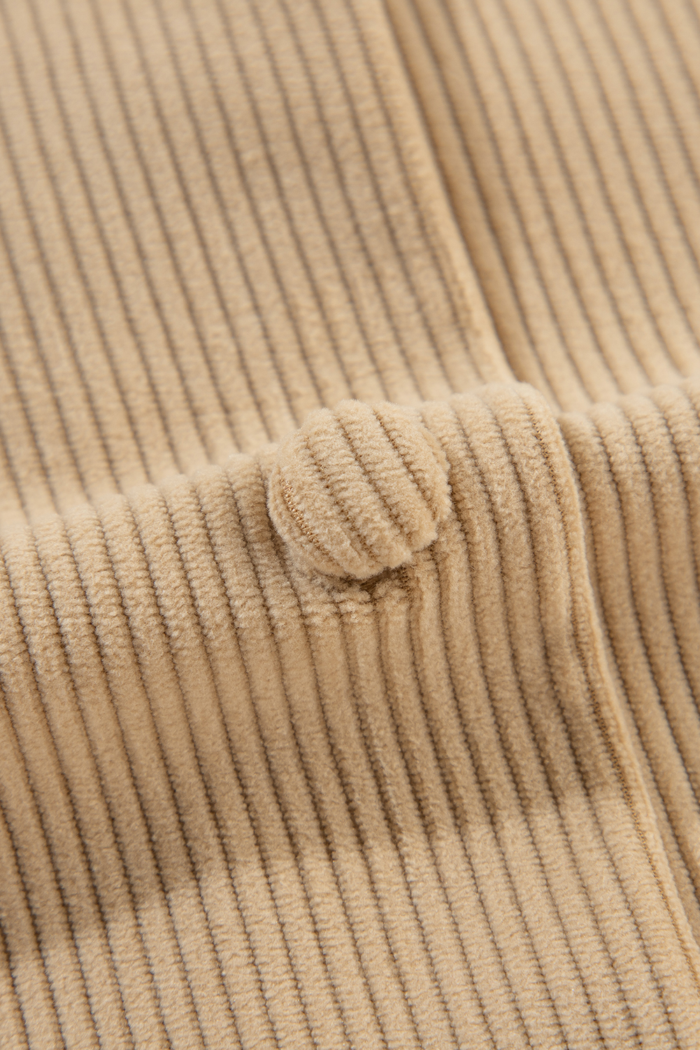 Light French Beige Solid Frilled Flap Pocket Button Up Corduroy Shacket view 17