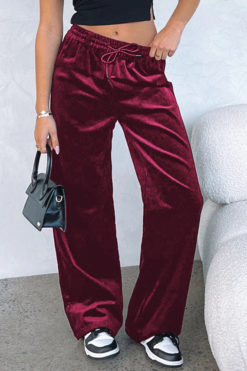 Burgundy Solid Drawstring Waist Wide Leg Pants view 9