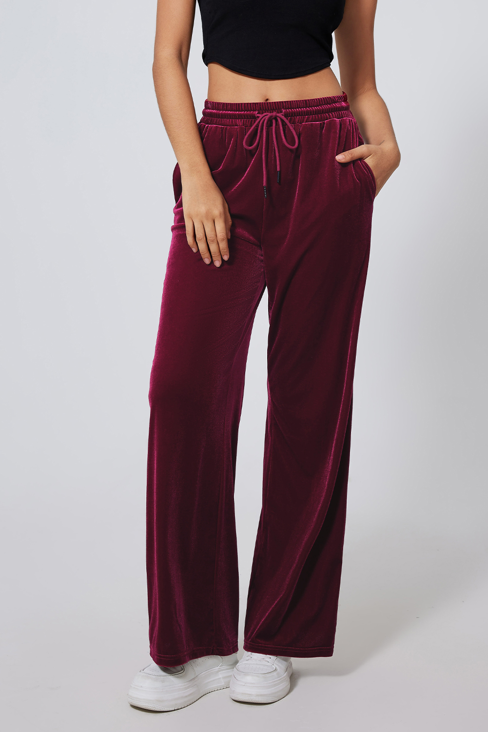 Burgundy Solid Drawstring Waist Wide Leg Pants view 3
