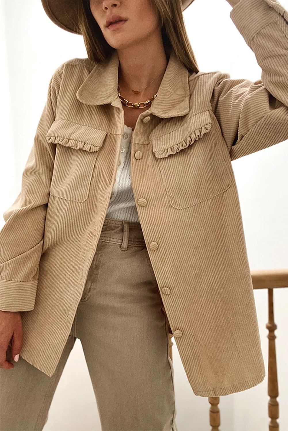 Light French Beige Solid Frilled Flap Pocket Button Up Corduroy Shacket view 10