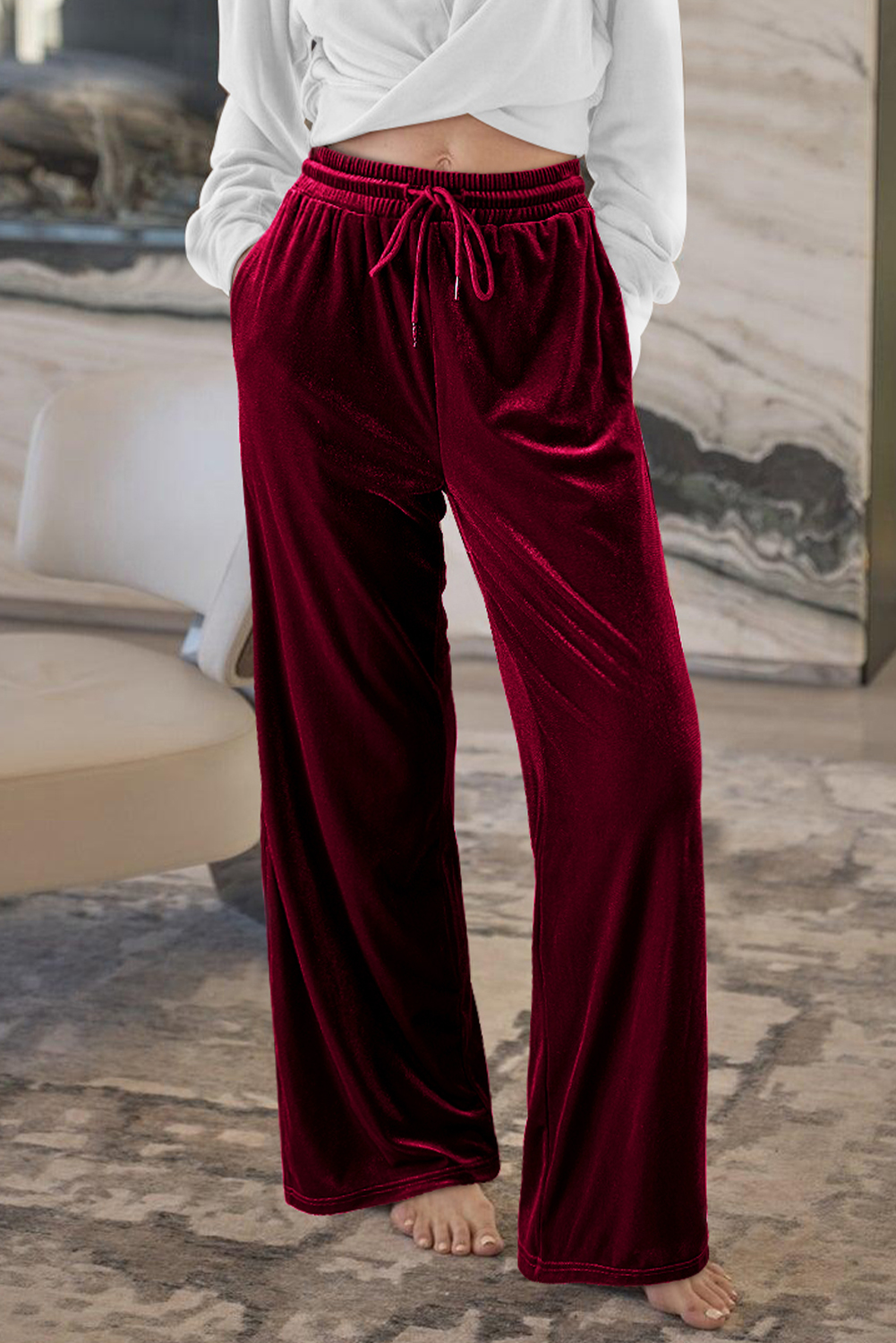 Burgundy Solid Drawstring Waist Wide Leg Pants view 14