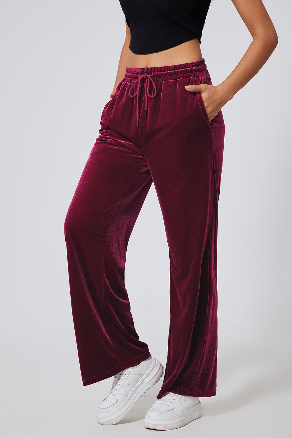 Burgundy Solid Drawstring Waist Wide Leg Pants view 6