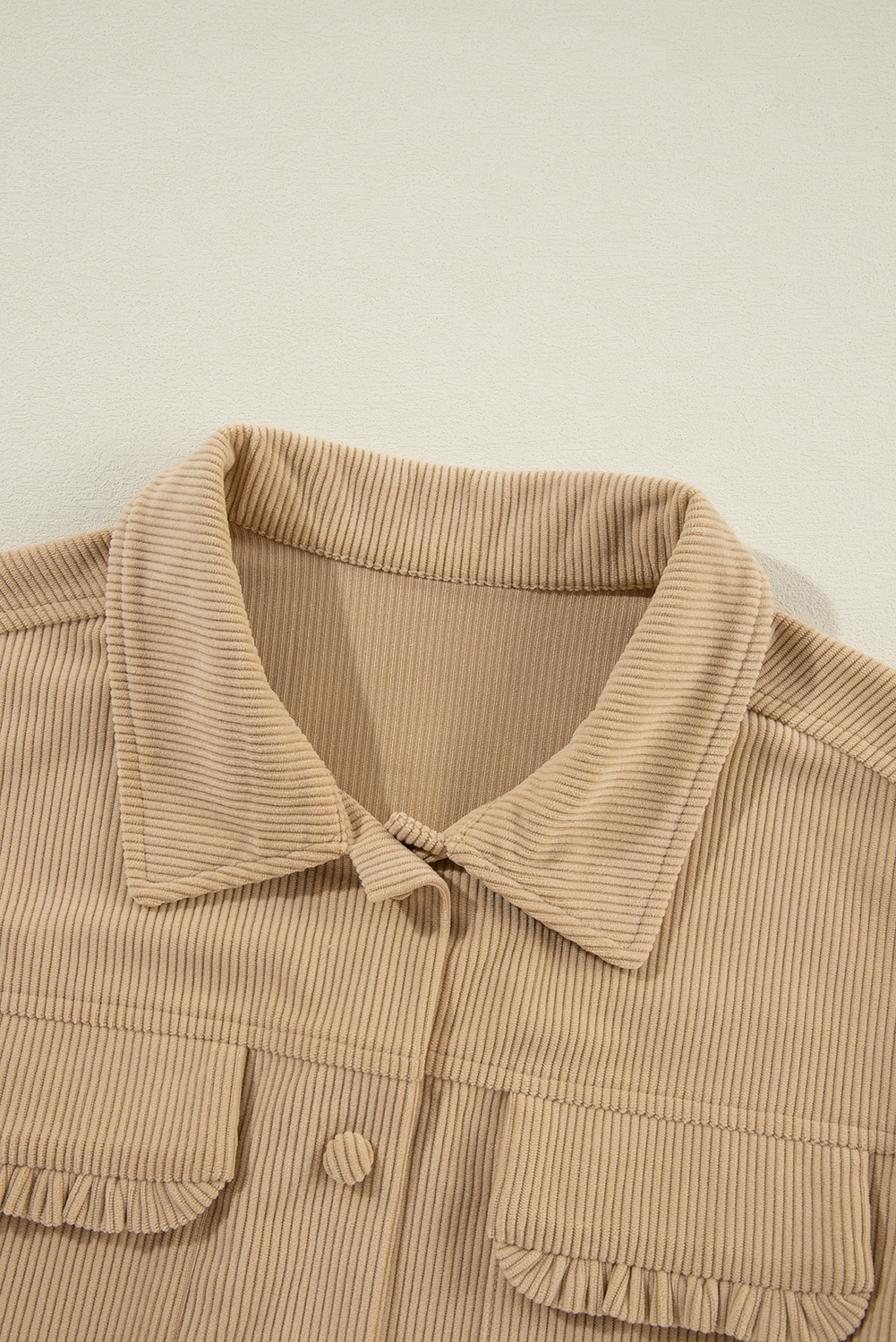 Light French Beige Solid Frilled Flap Pocket Button Up Corduroy Shacket view 15