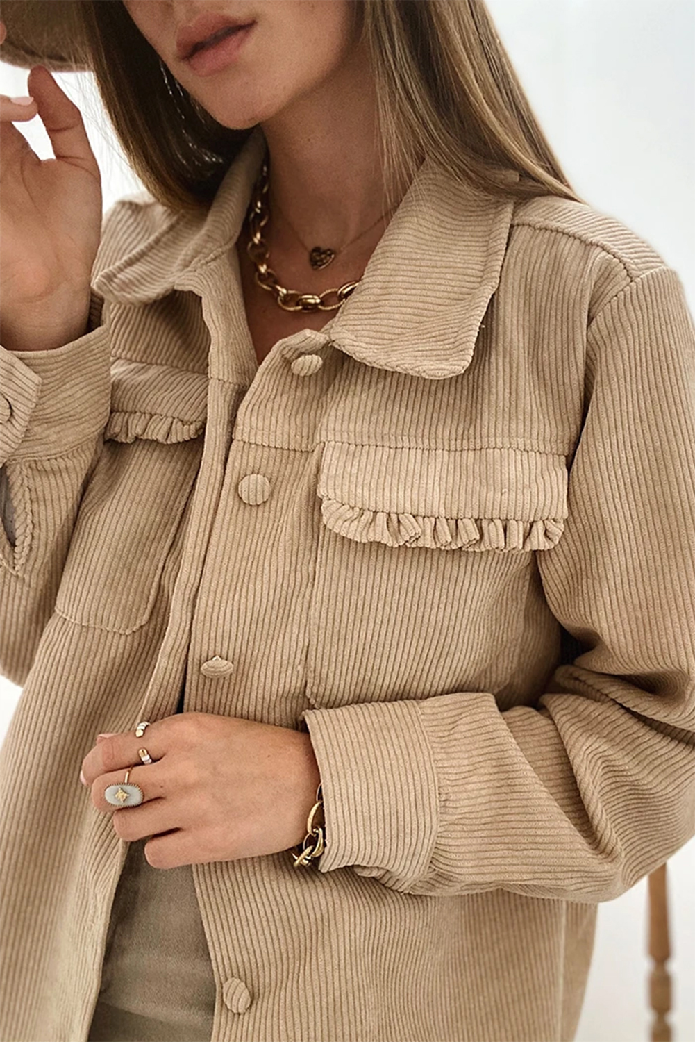 Light French Beige Solid Frilled Flap Pocket Button Up Corduroy Shacket view 11