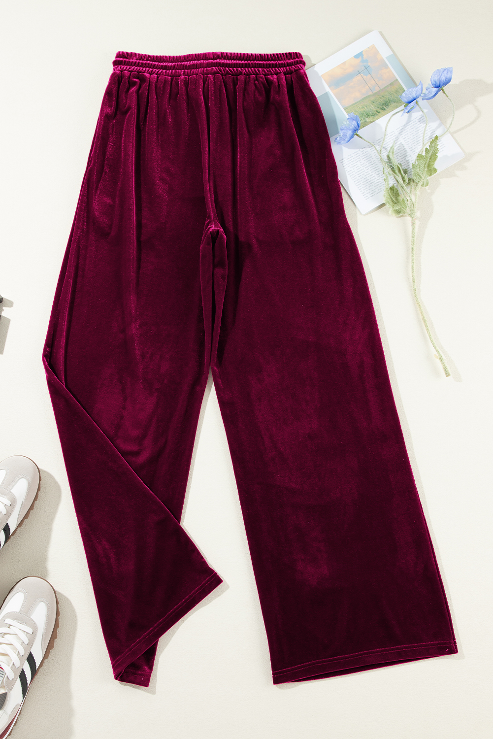 Burgundy Solid Drawstring Waist Wide Leg Pants view 16